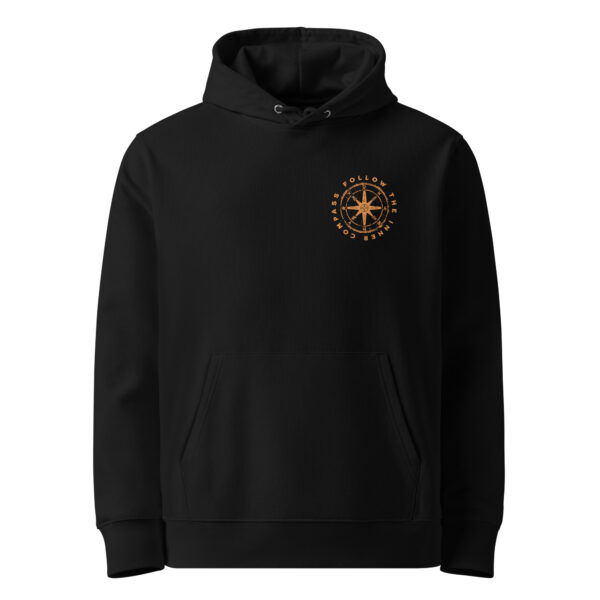 Felpa con cappuccio nera in cotone biologico con Vegvísir stilizzato, simbolo di orientamento interiore