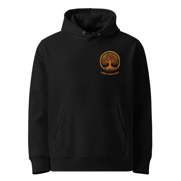 Felpa con cappuccio unisex nera in cotone biologico con simbolo Yggdrasill, asse del mondo e stabilità interiore