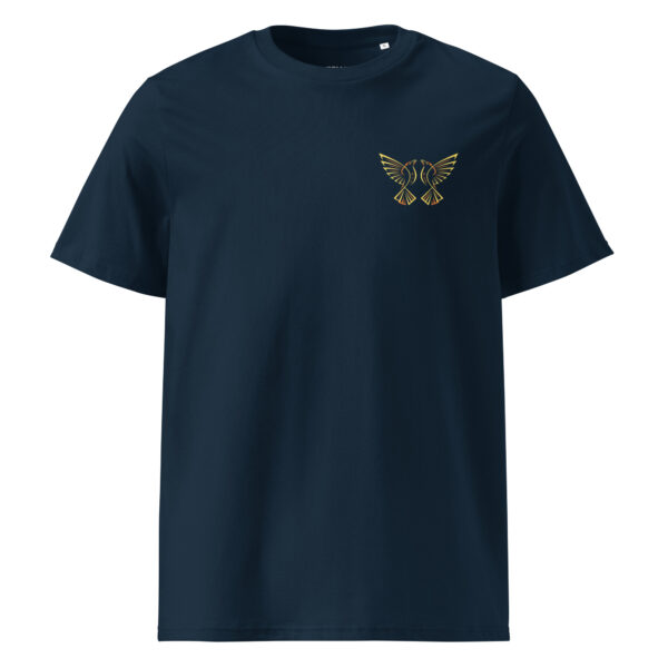 T-shirt unisex blu navy in cotone biologico con simbolo corvi Odino, memoria ancestrale e saggezza nordica