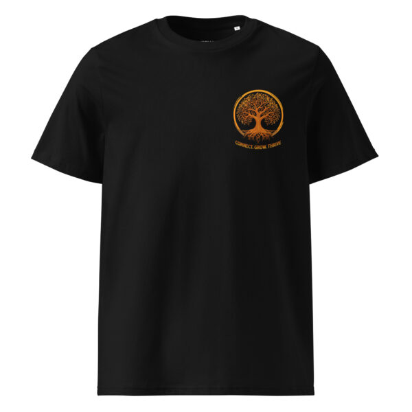 T-Shirt unisex nera in cotone biologico con simbolo Yggdrasill, connessione cosmica e forza interiore