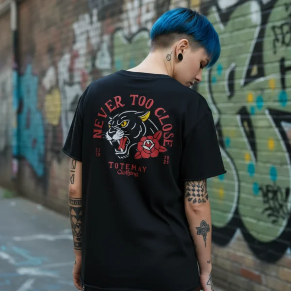 never too close t shirt back black 2 totemay